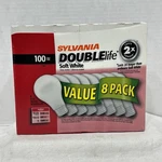 Sylvania Double Life 100W Soft White Light Bulbs, 8 Pack Sealed. Fixed Price $49.99.