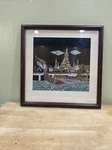 Vintage Thai Dragon Boat Silk Screen Art Fabric Print Bamboo Frame 12X12. Fixed Price $60.00.