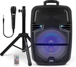 Qfx PBX-616SM 15" Bluetooth Rechargeable Speaker With Led Lights, Mic Stand. Fixed Price $119.00.