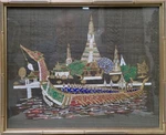 Large Vintage Thai Dragon Boat Silk Screen Art Fabric Print Bamboo Frame 17X21. Fixed Price $106.25.
