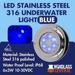 Led Underwater Light - Stainless Steel 316 Blue IP68 6X3W. Fixed Price $109.90.